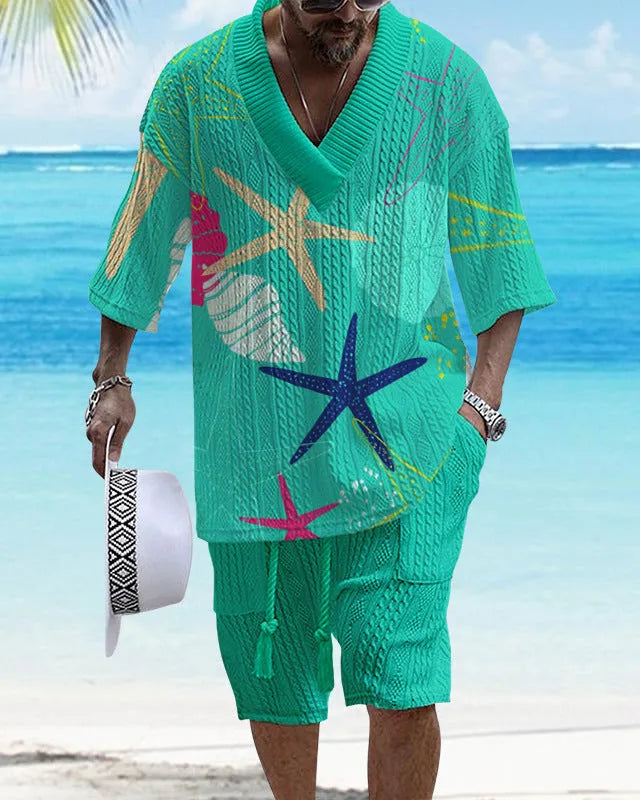 Men's casual short sleeve suit set with loose-fitting top and elastic waist shorts in solid colour