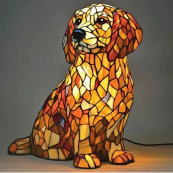 Colourful resin dog lamp decoration in pug shape, button battery powered, on a shelf