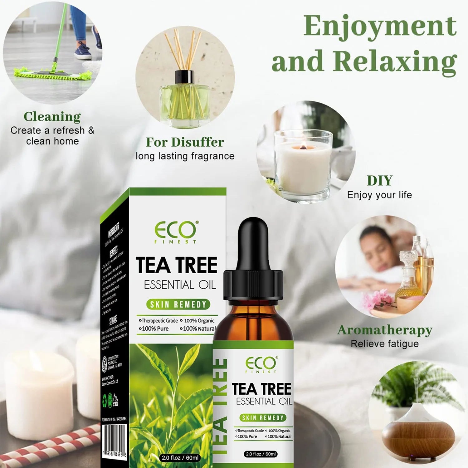 60ml tea tree essential oil bottle for facial acne treatment and massage application