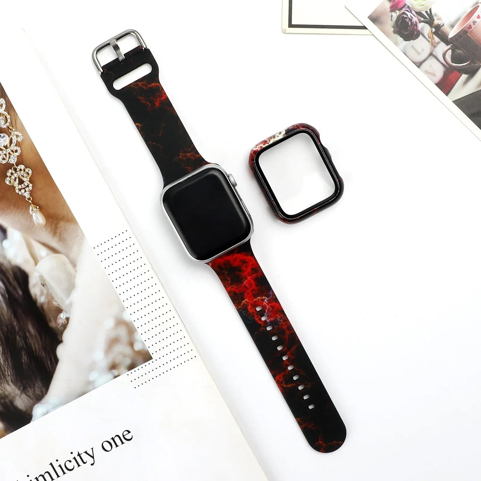 Printed silicone replacement watch strap for Apple Watch in multiple sizes and style designs.