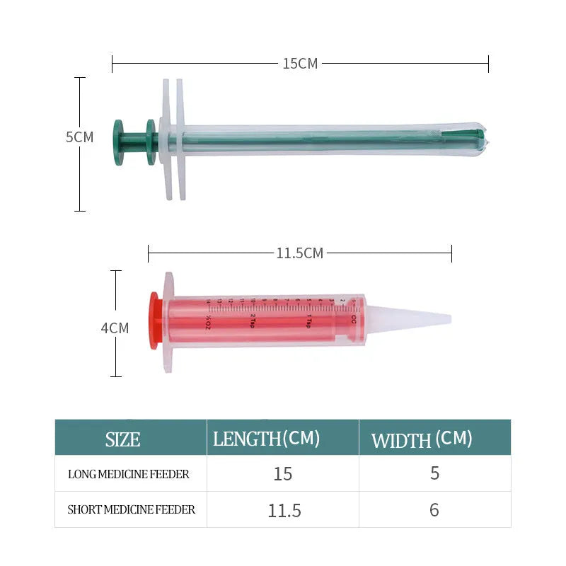 Two silicone pet pill shooter syringes, one 15cm and one 11.5cm, for feeding medication to cats and dogs.
