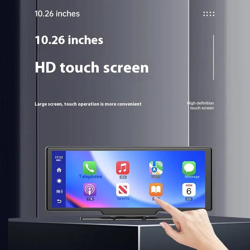 10 inch car touchscreen smart system with CarPlay, navigation, and dual dash cam recording on a dashboard