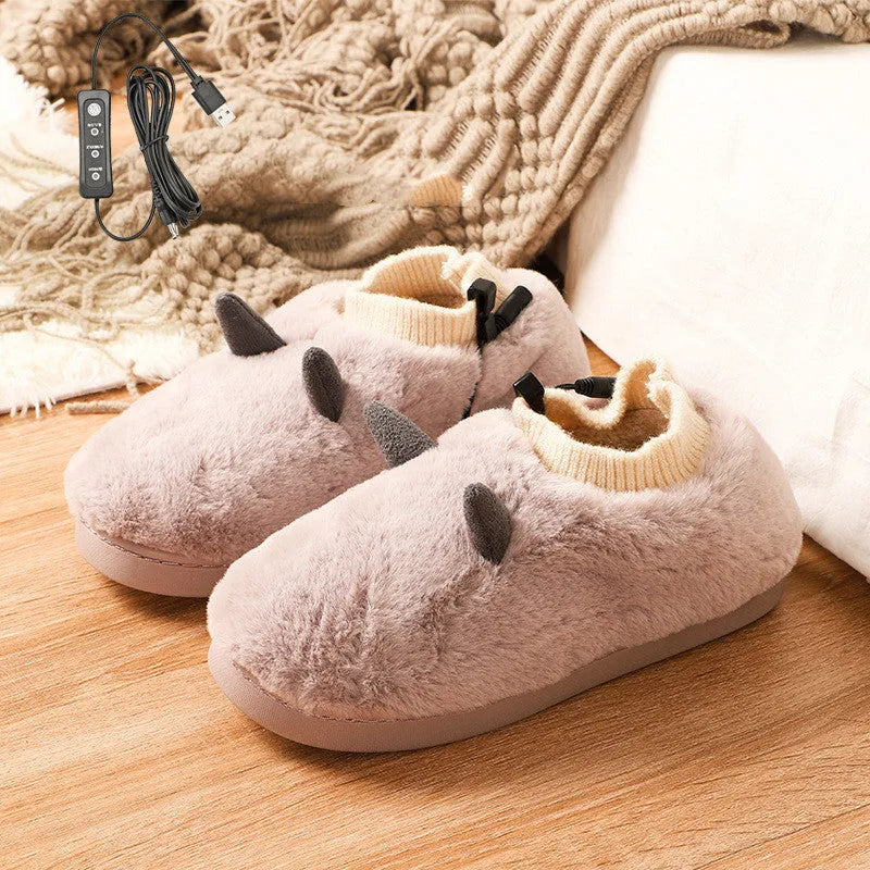 USB electric heating slippers in grey with adjustable temperature control and soft velvet upper.