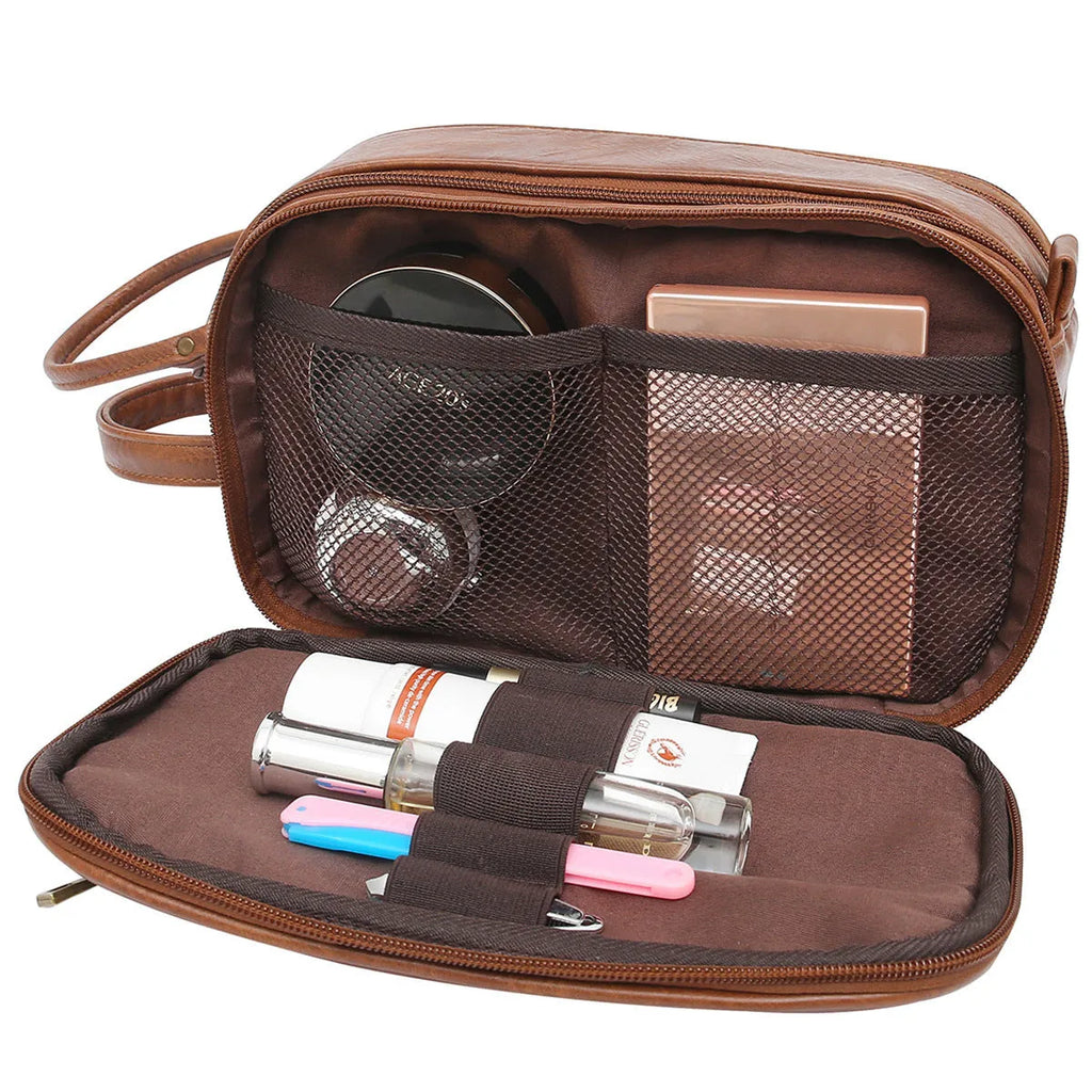 Men's black and brown PU toiletry bag with multiple compartments for travel cosmetics storage