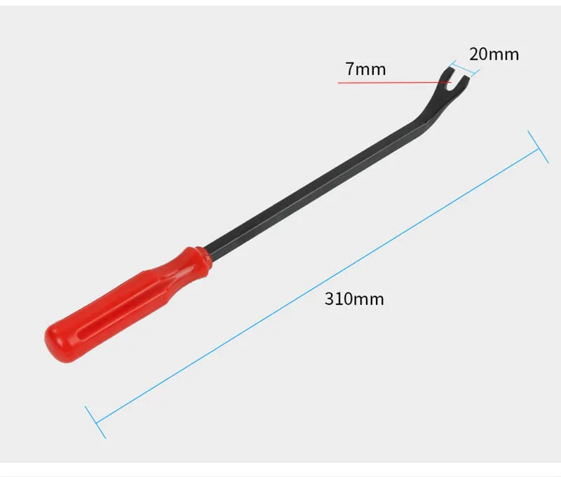 Red steel automotive door panel clip removal tool with integrated light switch pliers for General Motors vehicles.