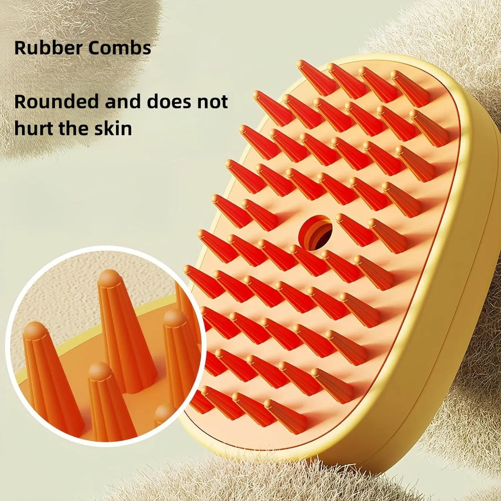 White and yellow rechargeable steam pet grooming brush with rubber comb teeth