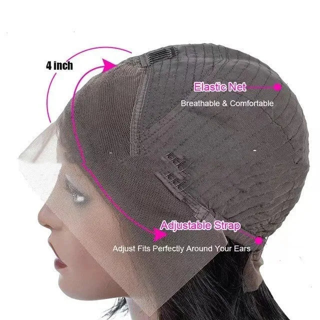 Human hair lace front wig with 4x4 lace frontal shown in star fashion style