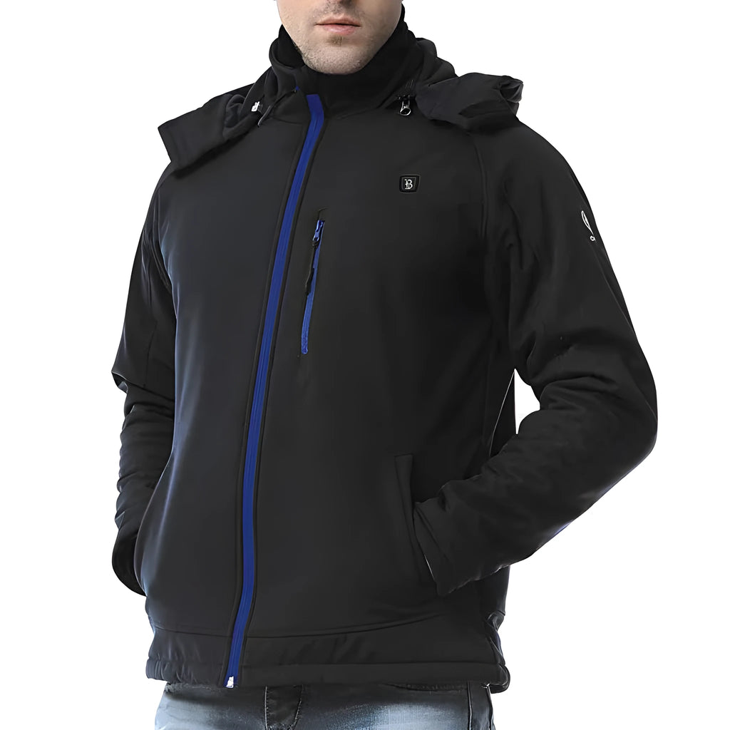 Black USB heated waterproof windproof winter coat for men with straight hem and long sleeves