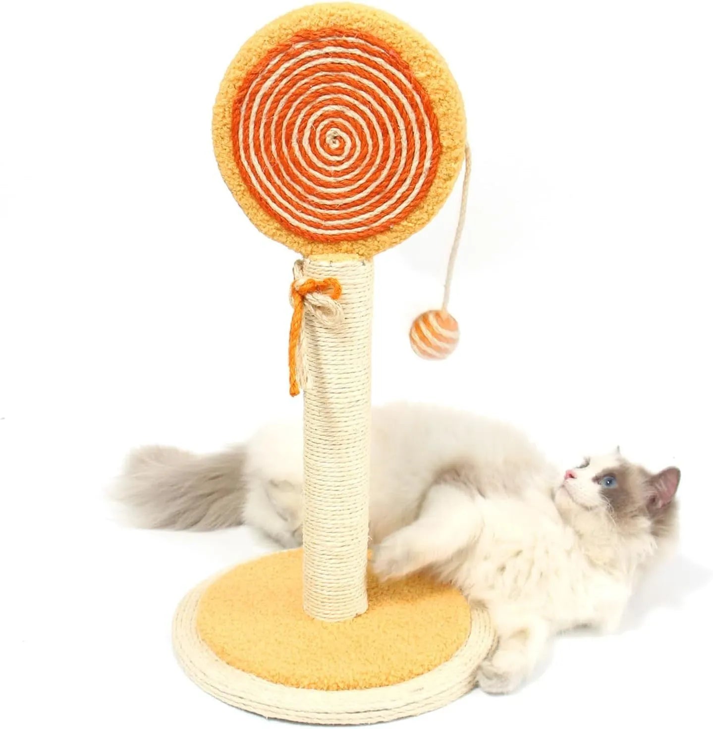 Blue cat scratching post with natural sisal rope and hanging ball toy on sturdy base