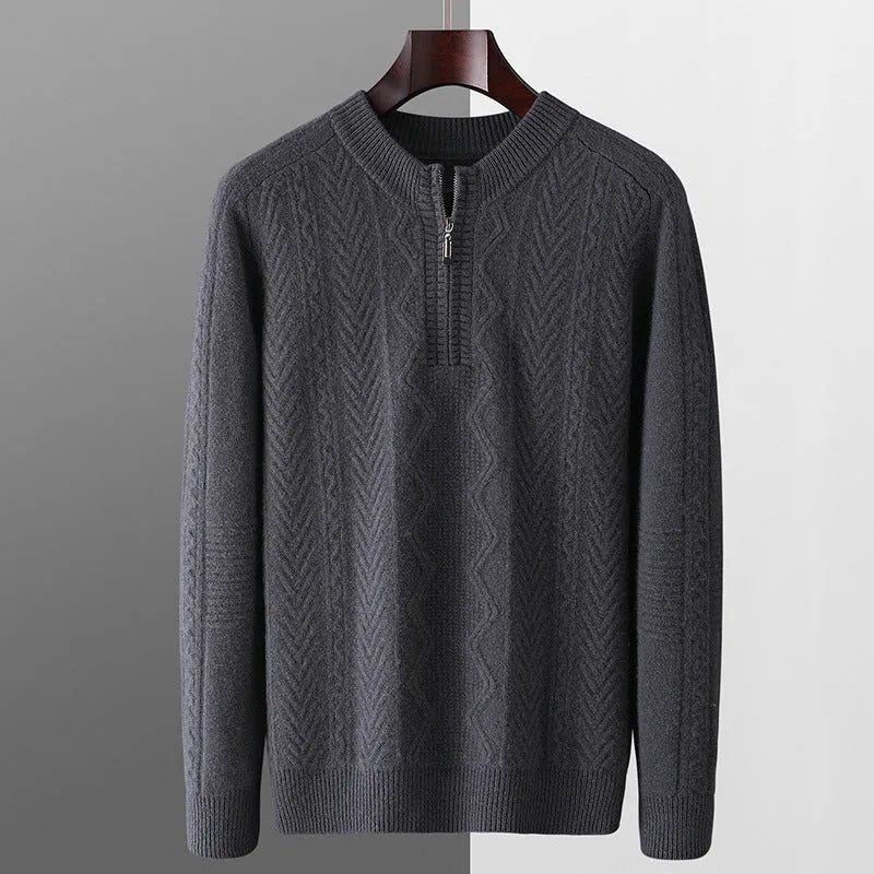 Men's pure wool diamond lattice half-zip sweater in loose fit with long sleeves