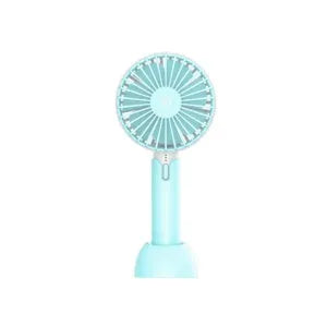 Blue portable USB electric fan with oscillation function and three-speed control on desktop