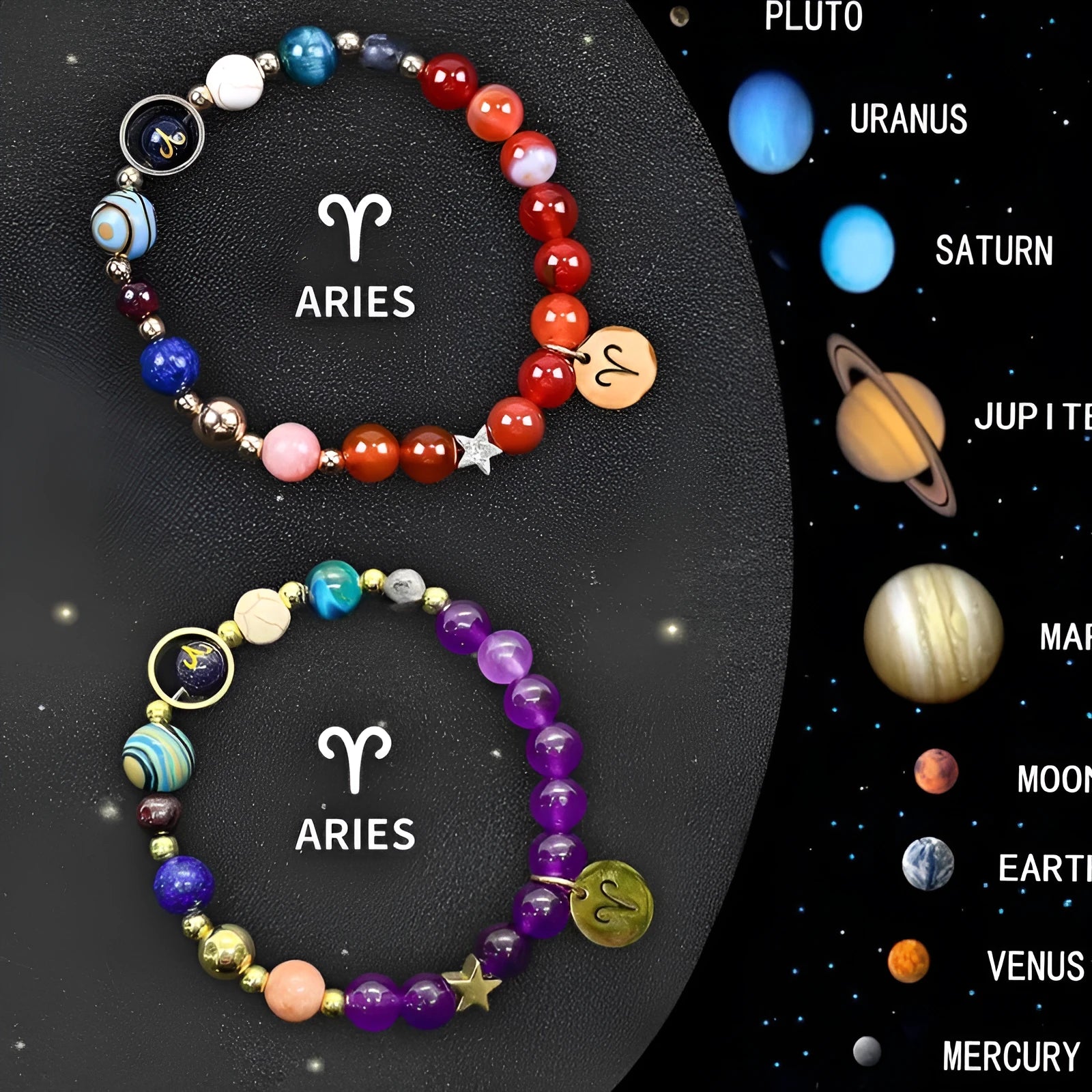 Set of two natural stone beaded bracelets on a wrist, each with different beads representing zodiac signs.