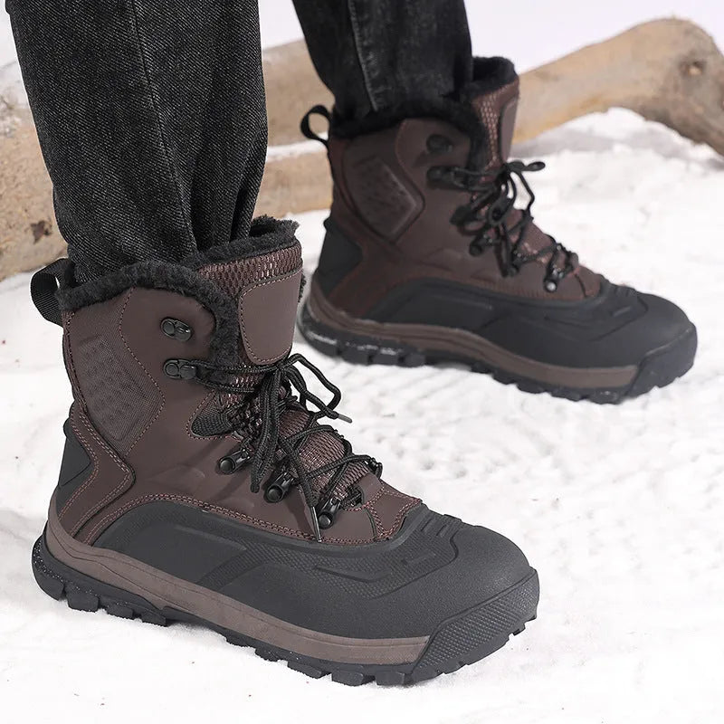 Men's black high-top fleece-lined boots with lace-up front and ribbed TPR sole.