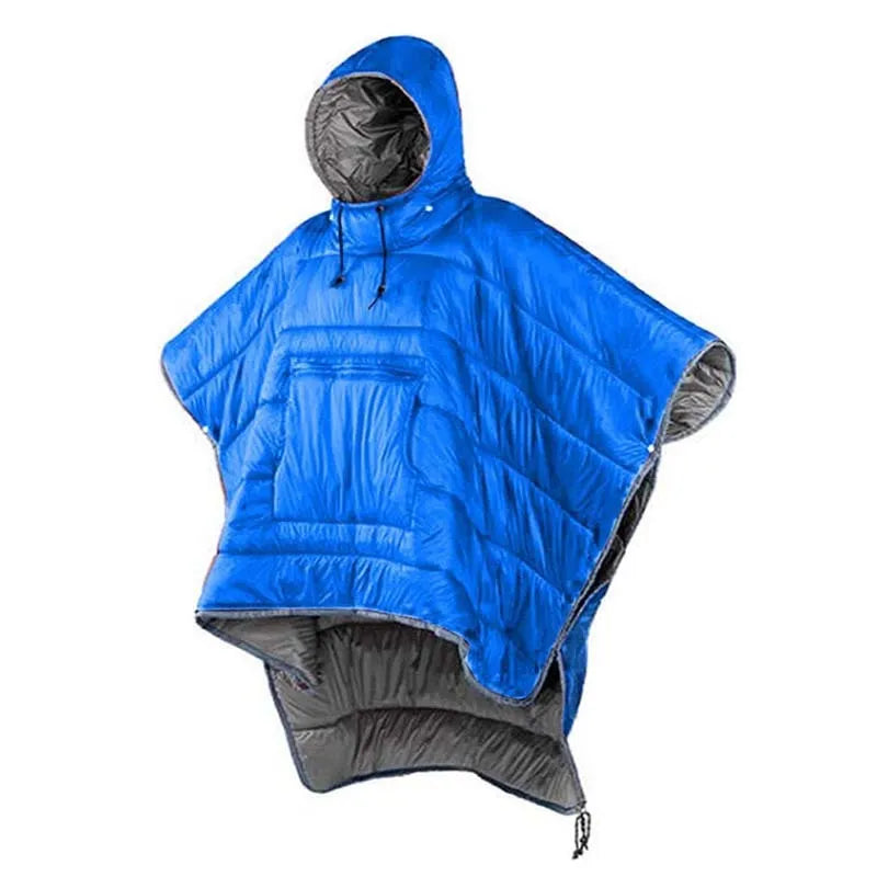 Army green outdoor cloak sleeping bag with wearable design showing 200x140cm dimensions