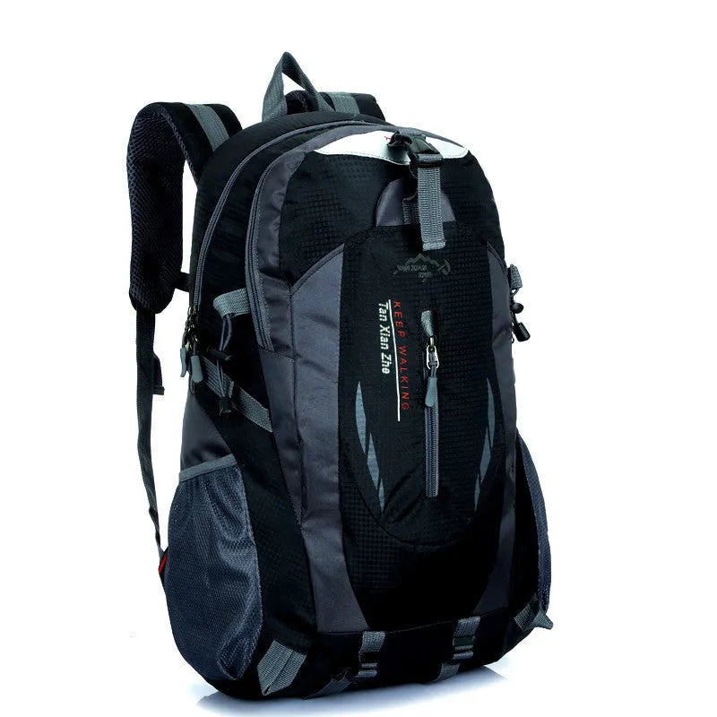 Large black Oxford cloth travel backpack with double shoulder straps and front organisation compartments