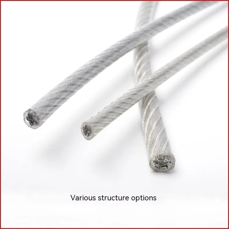 Close-up of a coiled 304 stainless steel multi-strand security cable on a grey background.