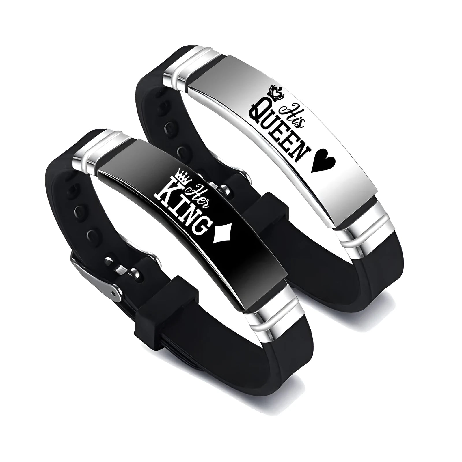 Black and silver couple bracelets with stainless steel crown and letter charm on adjustable silicone strap