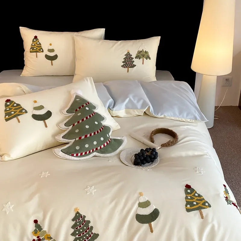 Christmas tree towel embroidery on pure cotton four-piece bedding set in cream blue or green colours