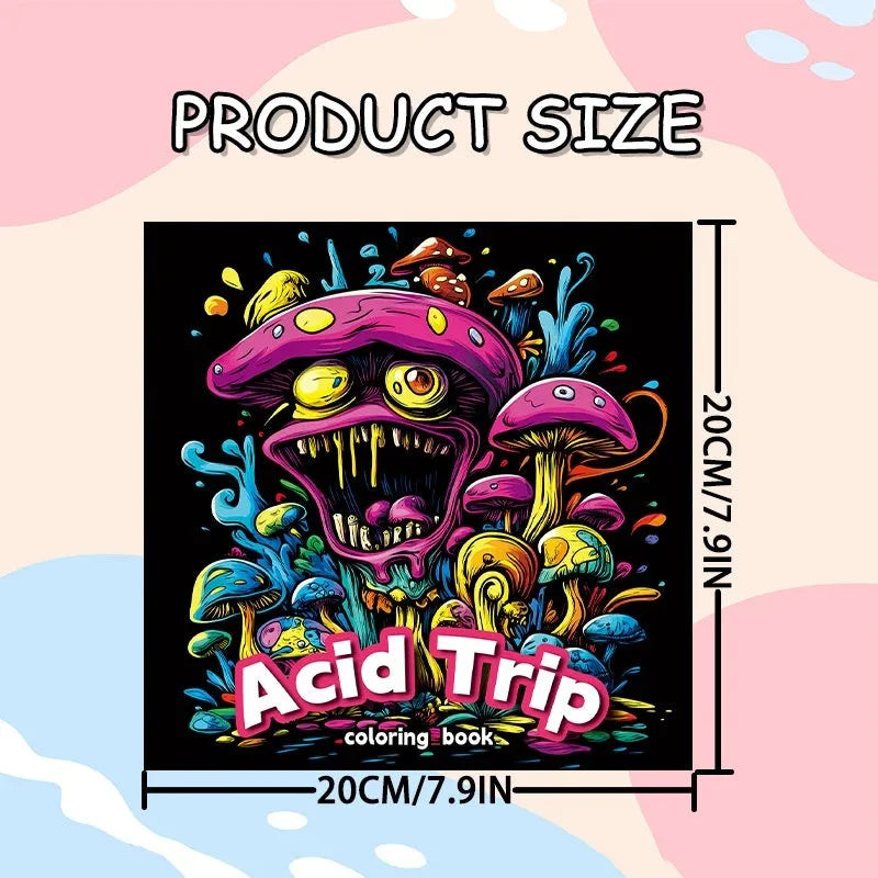 Acid tour colour painting book with paper pages measuring 200mm in length