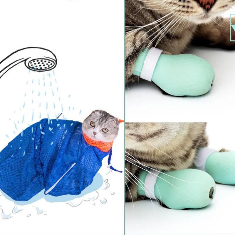 Set of four green silicone cat scratch protection gloves or foot covers.