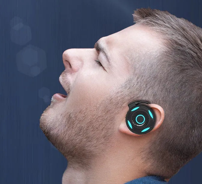 Black wireless Bluetooth earphones with hanging ear design for gaming