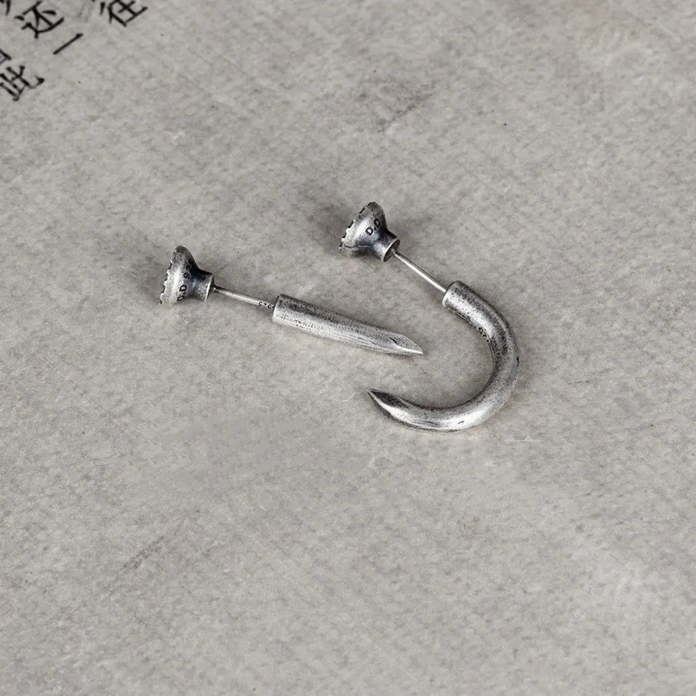 S925 sterling silver punk-style nail stud earrings in straight and curved designs