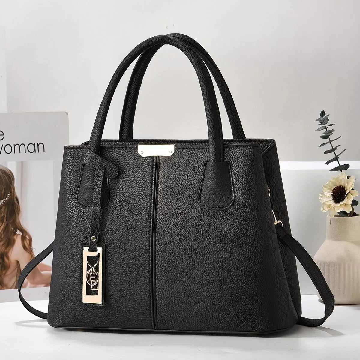 Women's large capacity square shoulder bag in soft PU leather with leather strap