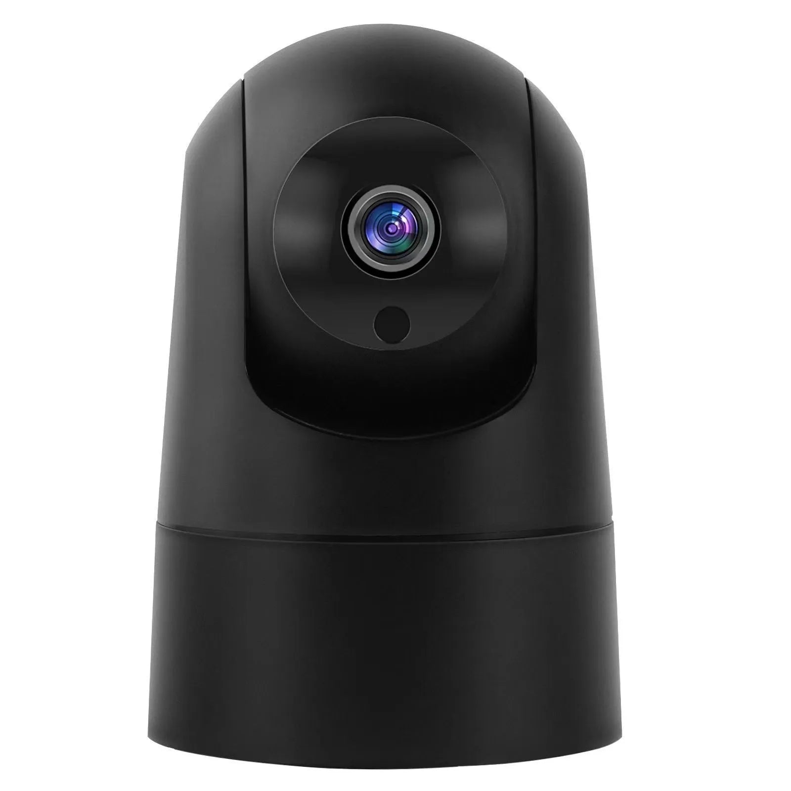 White indoor security camera with lens on a stand, showing compact design.