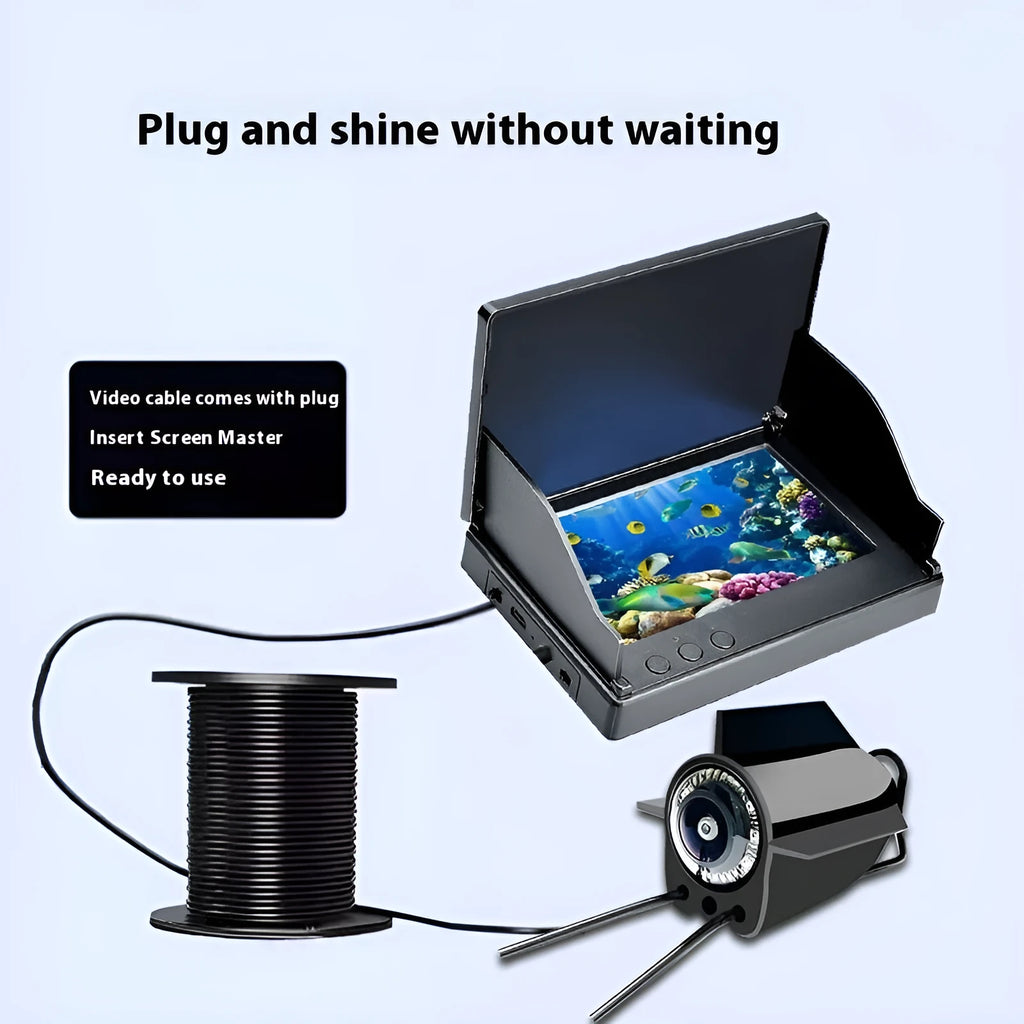 Underwater fishing finder camera with 4.3-inch screen, LED lights, and long cable for boat or ice fishing.