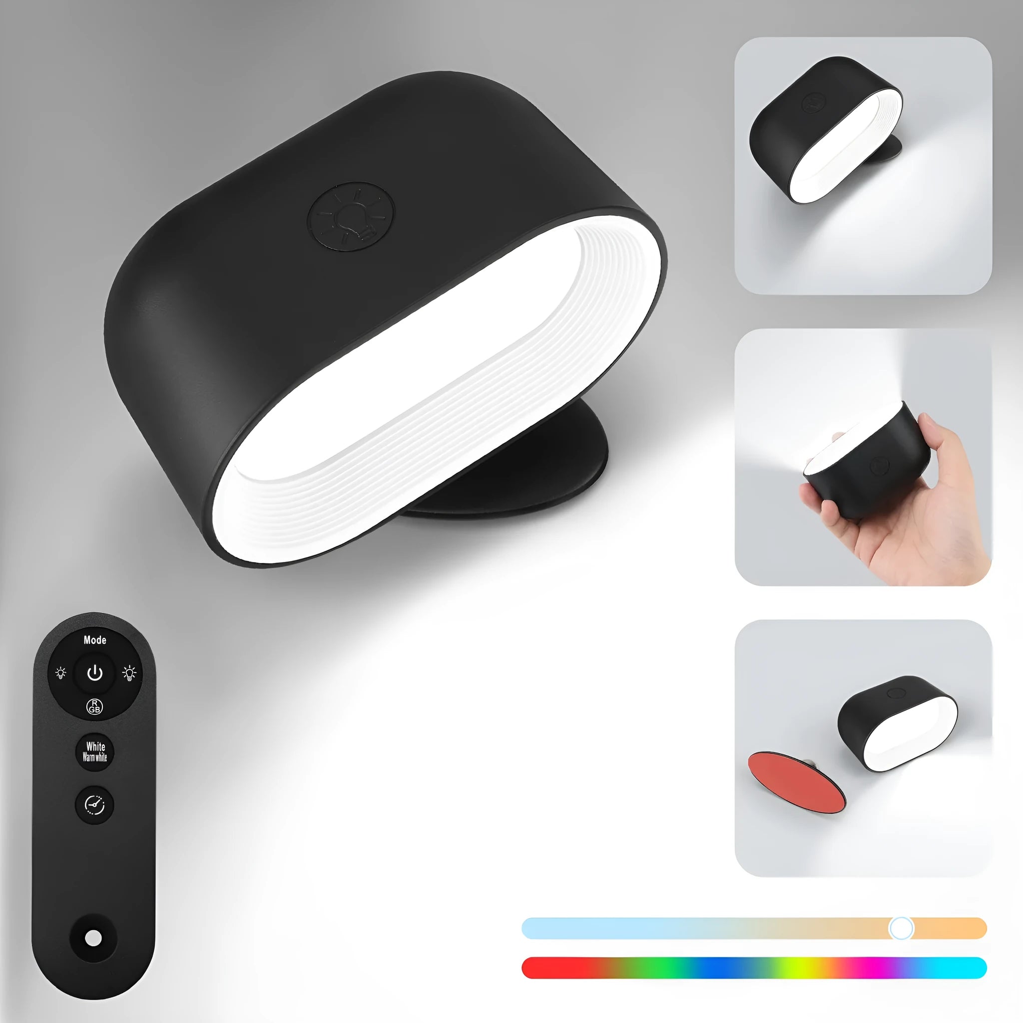 Oval-shaped remote touch magnetic wall lamp with adhesive back and magnetic rotation mount.