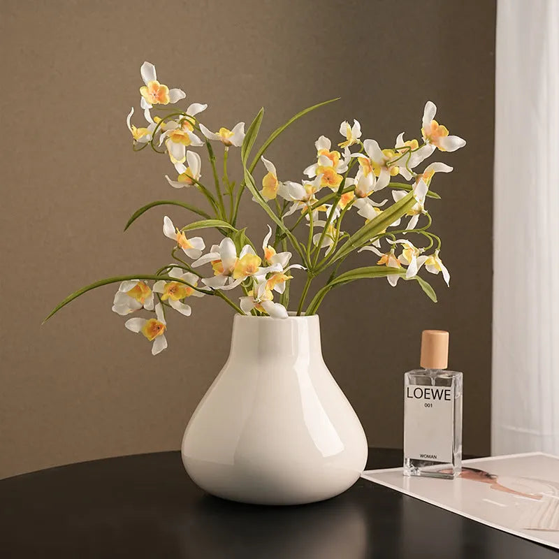 Ceramic round belly vase in black or white with French modern style and optional artificial orchid flowers