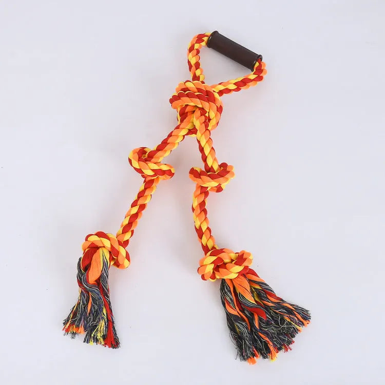 Blue and yellow cotton rope dog toy with ergonomic handle for large breed aggressive chewers