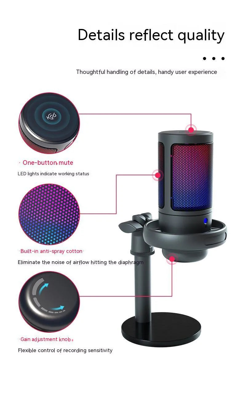 Condenser microphone with RGB lighting in black, white, or pink colours, with a 150cm data cable for computer recording.