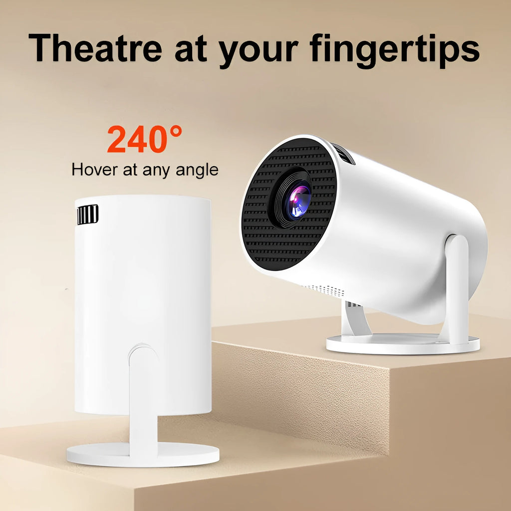 White mini wireless portable HD projector for home cinema use on a wooden table