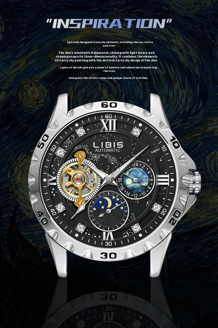 Men's silver case black dial automatic mechanical watch with luminous hands and transparent caseback