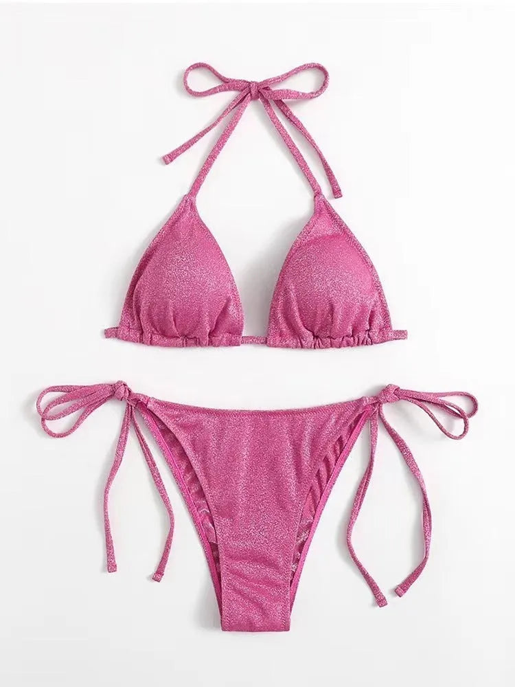 Women's bandage style bikini swimsuit in multiple colours on a size chart.