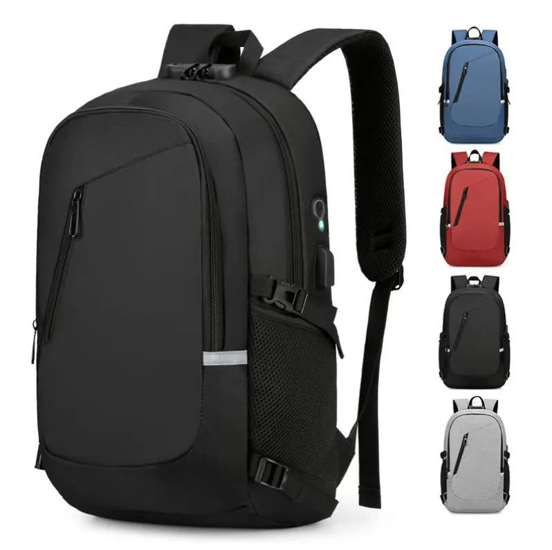 Grey Oxford cloth computer backpack with 35 litre capacity showing front compartment and shoulder straps