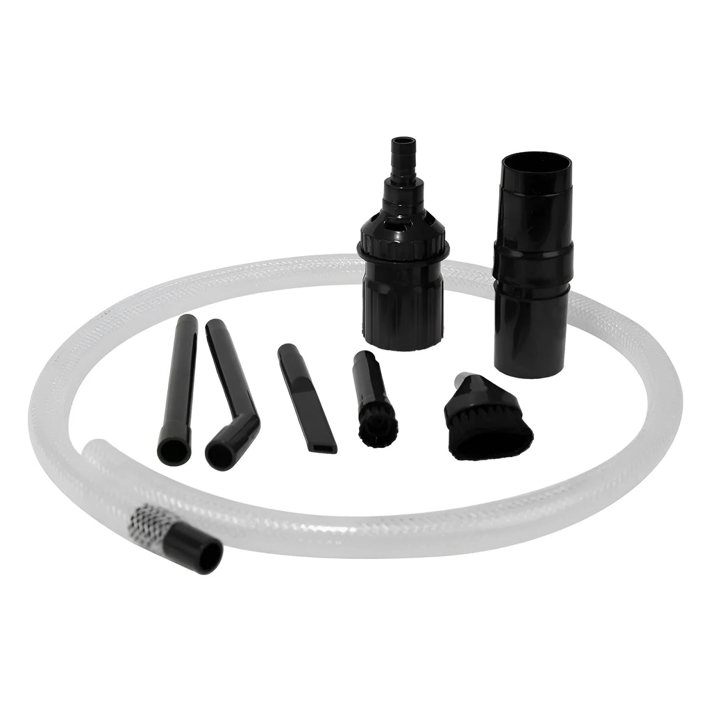Eight-piece vacuum cleaner accessory set with small suction heads for confined space cleaning