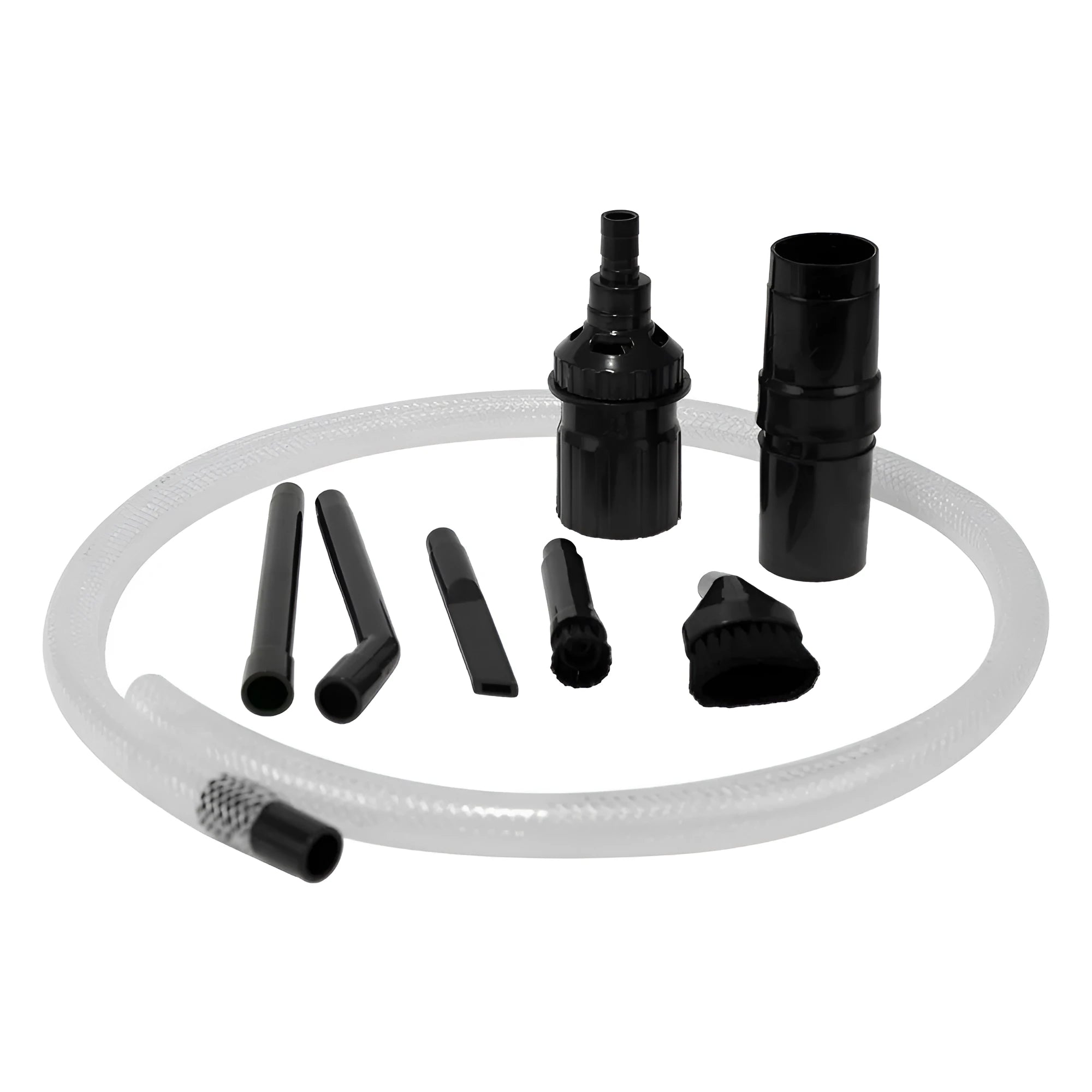 Eight-piece vacuum cleaner accessory set with small suction heads for confined space cleaning