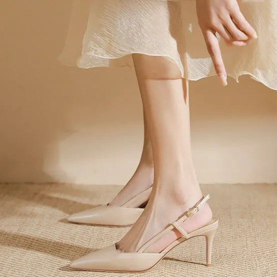 Apricot women's high-heeled sandals with buckle toe strap and 6cm heel on light background