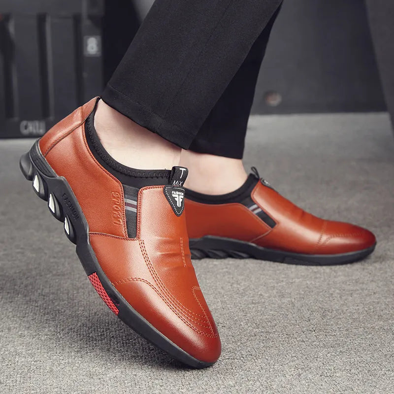 Men's black and brown PU leather business casual shoes with flat heels and multiple design styles