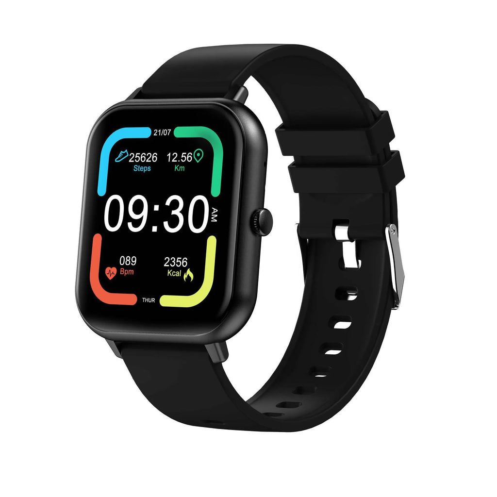 Bluetooth smart watch with heart rate monitor on wrist in black, pink, or silver grey colour.