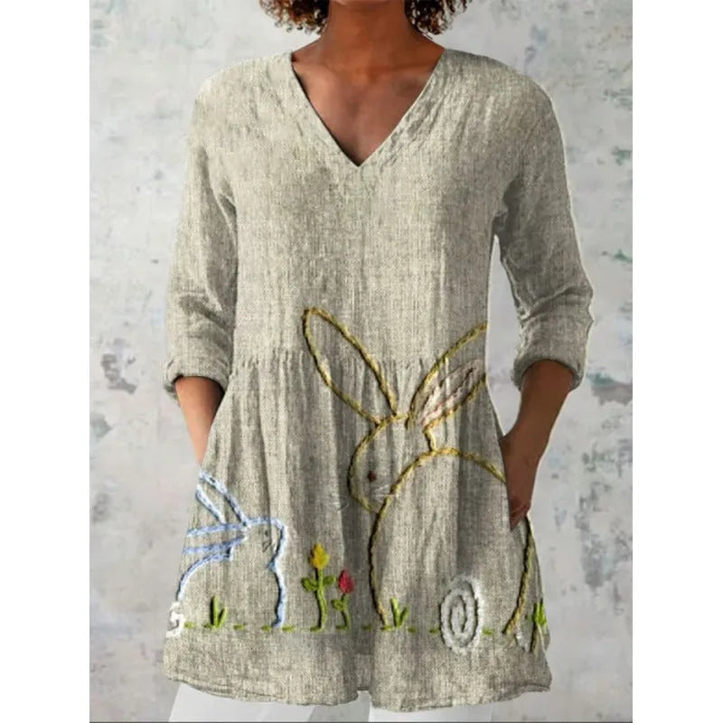 Women's printed wave pattern loose dress with 3/4 sleeves and wide waist design in various colour options