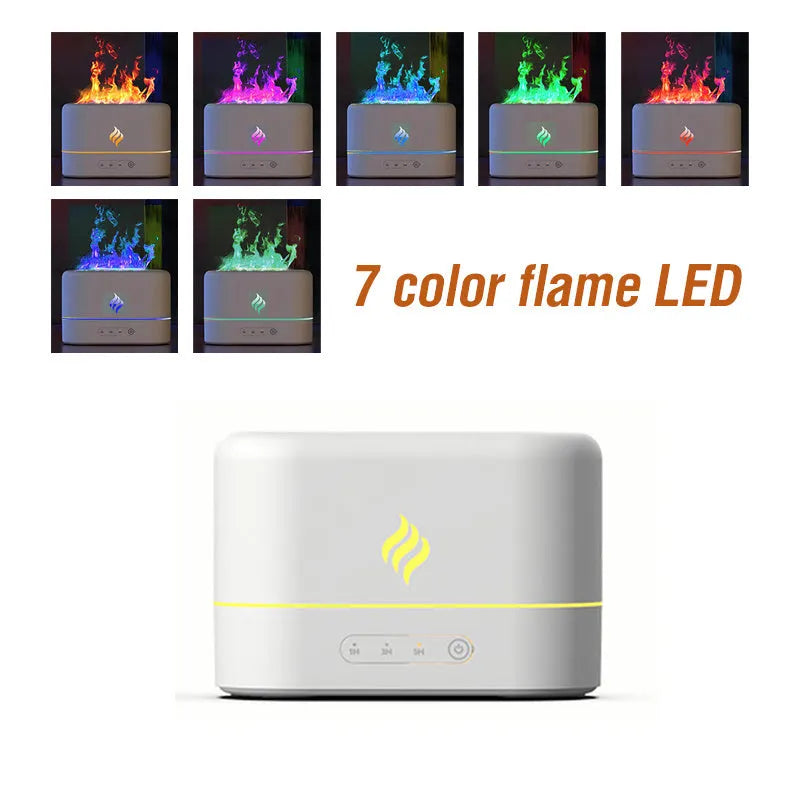 White USB humidifier with seven-colour flame effect on wooden desk showing mist output