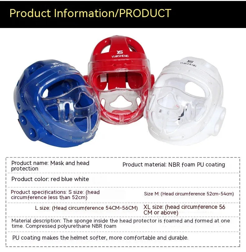Karate boxing helmet head protection equipment in white, blue, or red colours