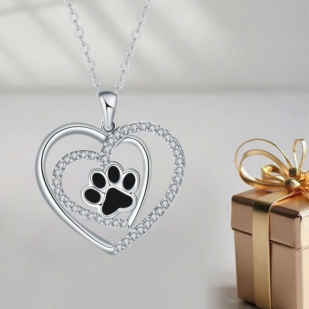 Women's dog paw print necklace with heart pendant, copper construction with electroplated finish
