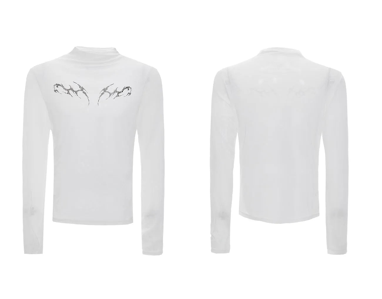 Men's black slim-fit mesh long-sleeve bottoming shirt laid flat, showing texture.