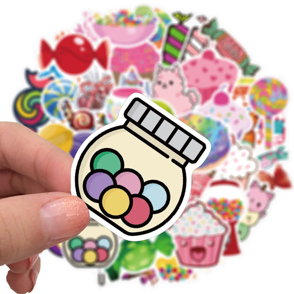 Assortment of colourful candy graffiti and cartoon stickers from a 50-piece pack on a white background.