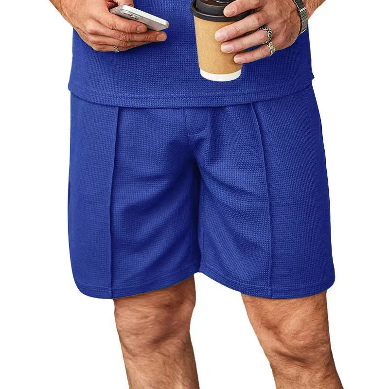 Men's plus size straight leg casual shorts in khaki, polyester with elastic waist, side view