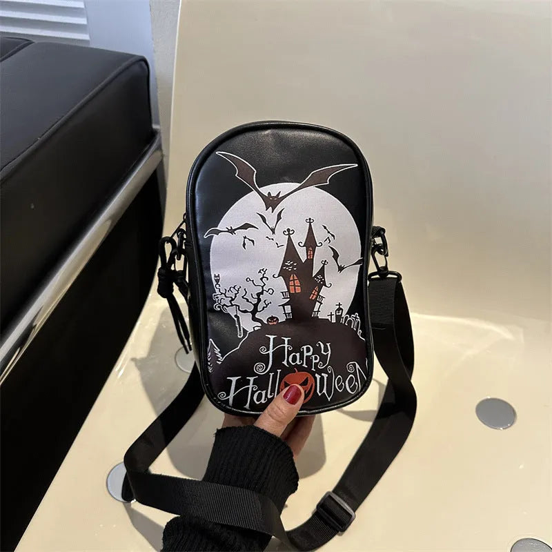 Halloween graffiti phone crossbody bag with cartoon pumpkin ghost bat print